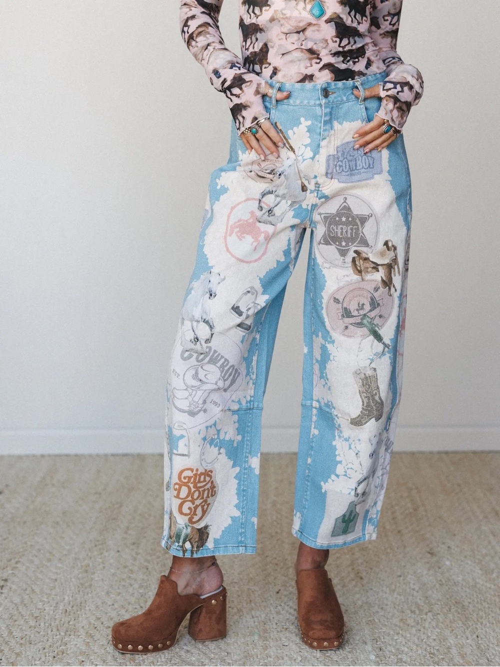 High-Rise Light Blue Printed Wide-Leg Jeans